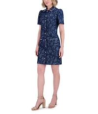 Eliza J Denim Floral Print Point Collar Neck Short Sleeve Rhinestoned Button Front Shirt Mini Dress