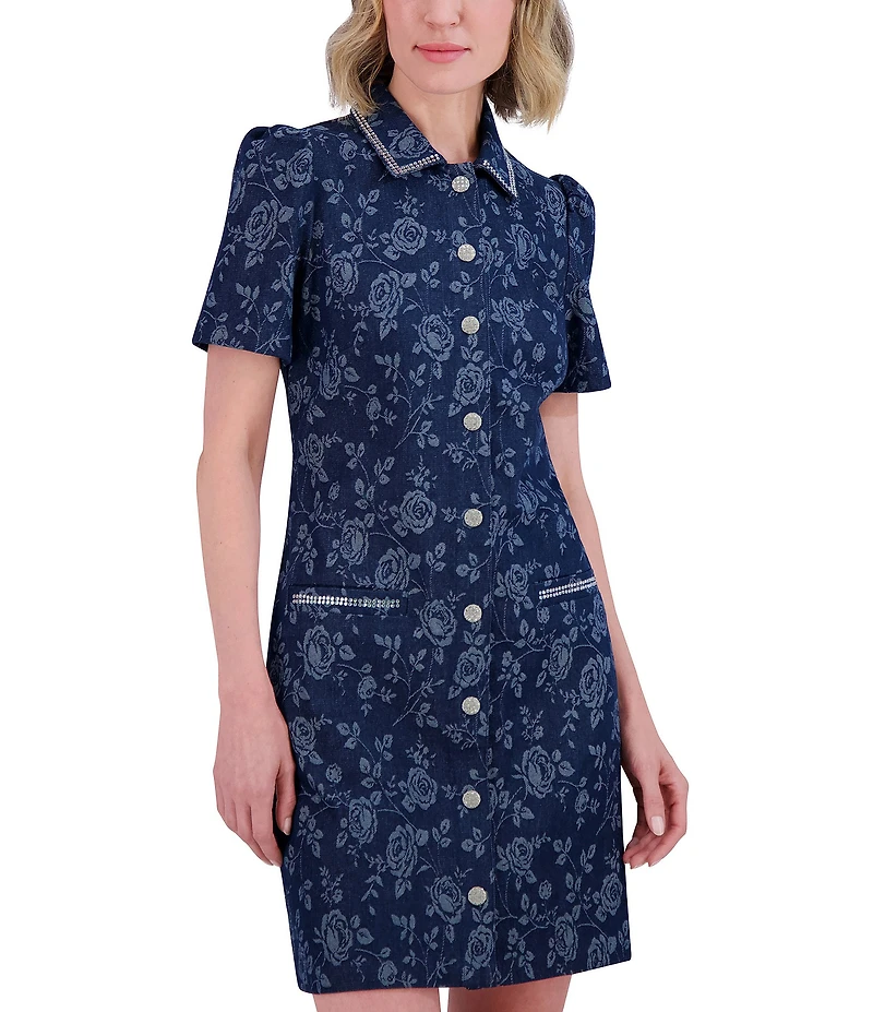 Eliza J Denim Floral Print Point Collar Neck Short Sleeve Rhinestoned Button Front Shirt Mini Dress