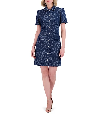 Eliza J Denim Floral Print Point Collar Neck Short Sleeve Rhinestoned Button Front Shirt Mini Dress