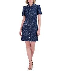 Eliza J Denim Floral Print Point Collar Neck Short Sleeve Rhinestoned Button Front Shirt Mini Dress