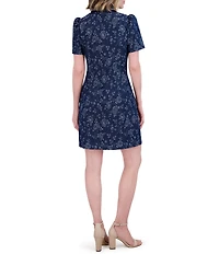 Eliza J Denim Floral Print Point Collar Neck Short Sleeve Rhinestoned Button Front Shirt Mini Dress