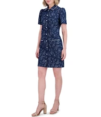 Eliza J Denim Floral Print Point Collar Neck Short Sleeve Rhinestoned Button Front Shirt Mini Dress