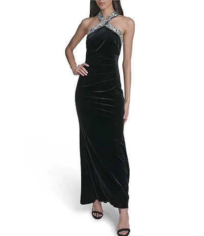 Eliza J Embellished Halter Stretch Velvet Sheath Gown