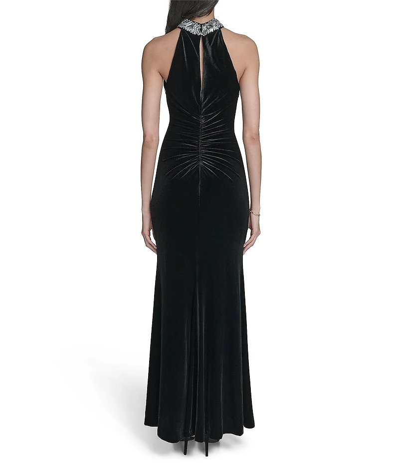 Eliza J Embellished Halter Stretch Velvet Sheath Gown