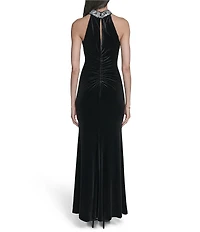 Eliza J Embellished Halter Stretch Velvet Sheath Gown