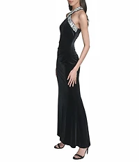 Eliza J Embellished Halter Stretch Velvet Sheath Gown