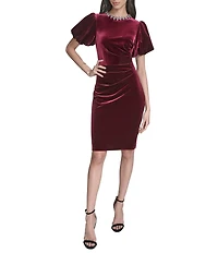 Eliza J Embellished Neck Velvet Short Puff Sleeve Mini Dress