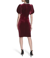 Eliza J Embellished Neck Velvet Short Puff Sleeve Mini Dress