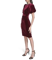 Eliza J Embellished Neck Velvet Short Puff Sleeve Mini Dress