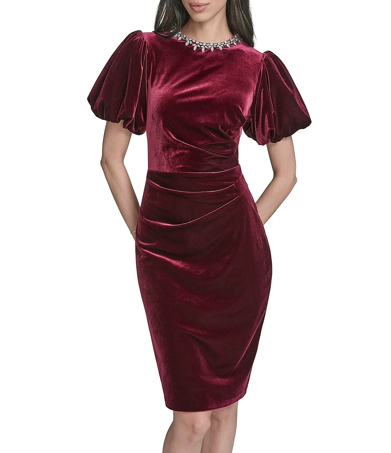 Eliza J Embellished Neck Velvet Short Puff Sleeve Mini Dress