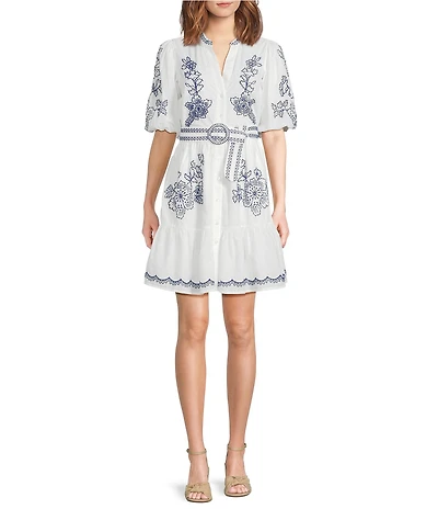 Eliza J Embroidered Cotton Floral Print Split V Neck Short Sleeve A-Line Dress