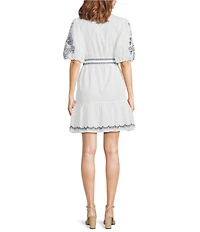 Eliza J Embroidered Cotton Floral Print Split V Neck Short Sleeve A-Line Dress