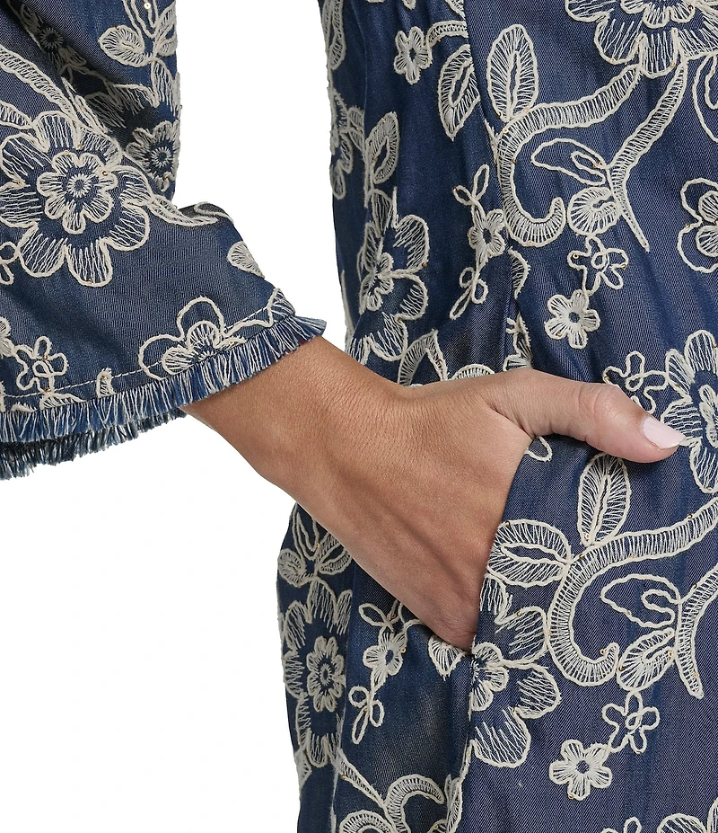 Eliza J Embroidered Denim 3/4 Sleeve Crew Keyhole Neckline Tie Front Shift Dress