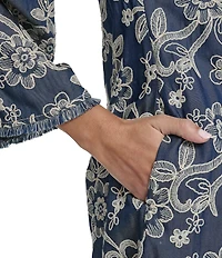 Eliza J Embroidered Denim 3/4 Sleeve Crew Keyhole Neckline Tie Front Shift Dress