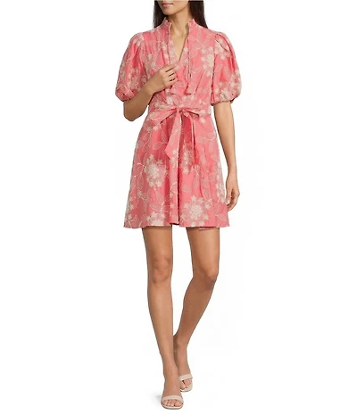 Eliza J Embroidered Floarl Short Sleeve V-Neck Fit & Flare Dress