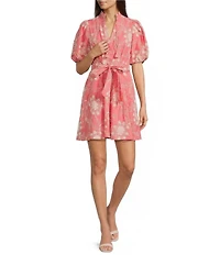Eliza J Embroidered Floarl Short Sleeve V-Neck Fit & Flare Dress
