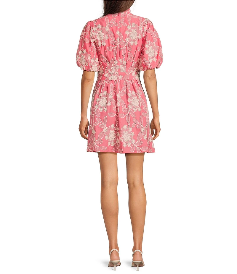 Eliza J Embroidered Floarl Short Sleeve V-Neck Fit & Flare Dress