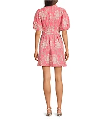 Eliza J Embroidered Floarl Short Sleeve V-Neck Fit & Flare Dress