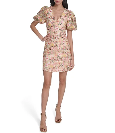 Eliza J Embroidered Floral Mesh Short Puff Sleeve V-Neckline Sheath Mini Dress