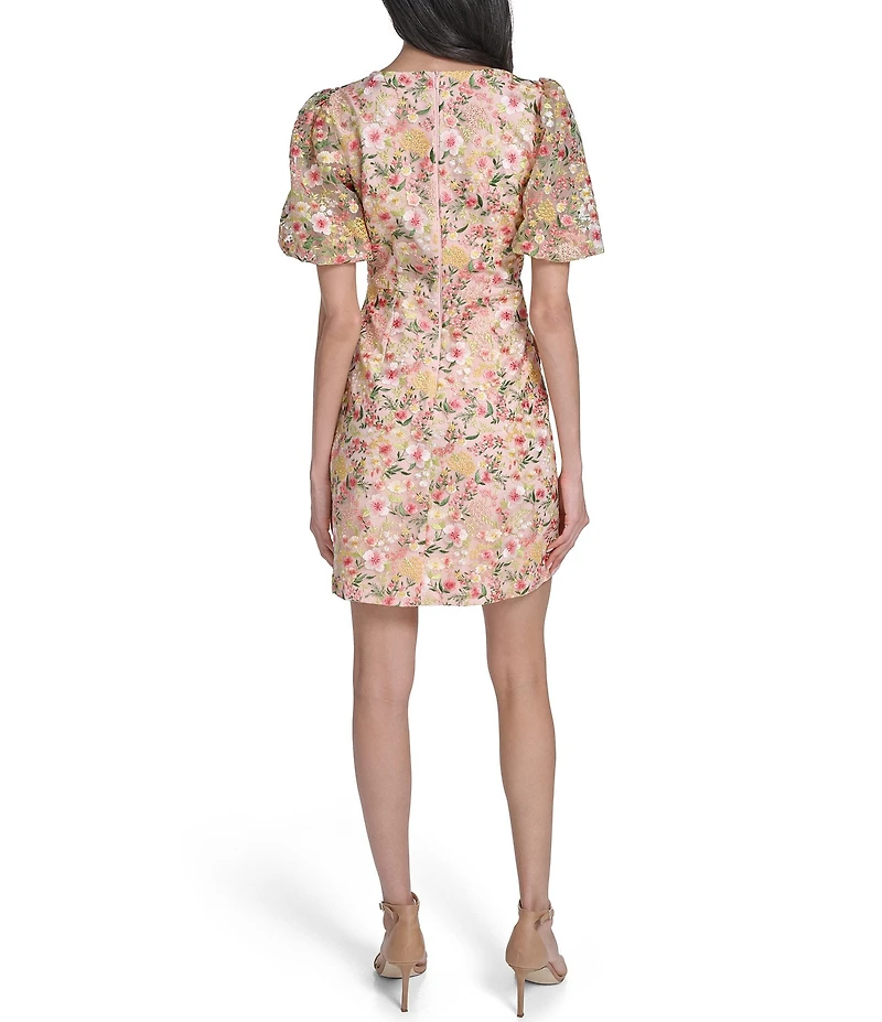 Eliza J Embroidered Floral Mesh Short Puff Sleeve V-Neckline Sheath Mini Dress