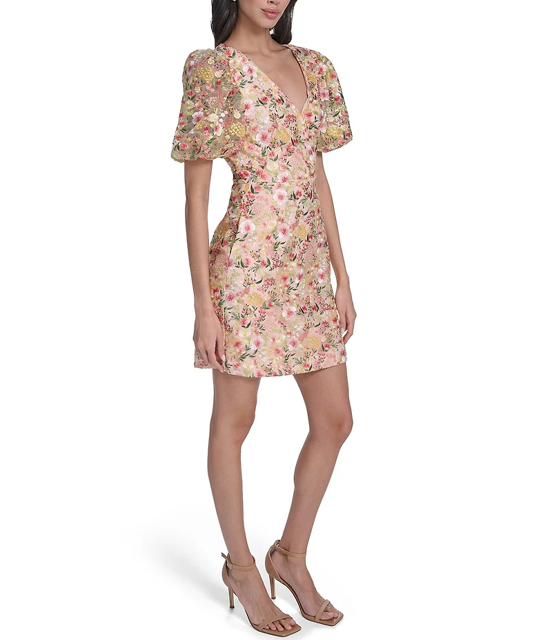 Eliza J Embroidered Floral Mesh Short Puff Sleeve V-Neckline Sheath Mini Dress