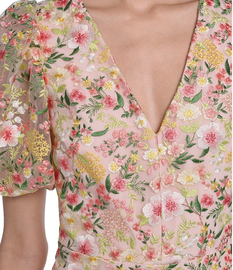 Eliza J Embroidered Floral Mesh Short Puff Sleeve V-Neckline Sheath Mini Dress