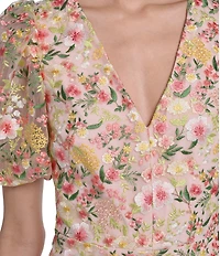 Eliza J Embroidered Floral Mesh Short Puff Sleeve V-Neckline Sheath Mini Dress