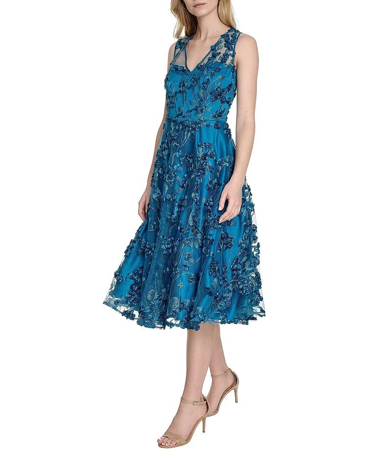 Eliza J Embroidered Mesh V-Neck 3D Floral Fit and Flare A-Line Midi Dress