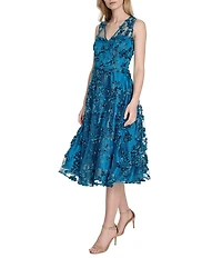 Eliza J Embroidered Mesh V-Neck 3D Floral Fit and Flare A-Line Midi Dress