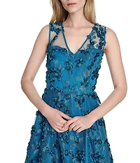 Eliza J Embroidered Mesh V-Neck 3D Floral Fit and Flare A-Line Midi Dress
