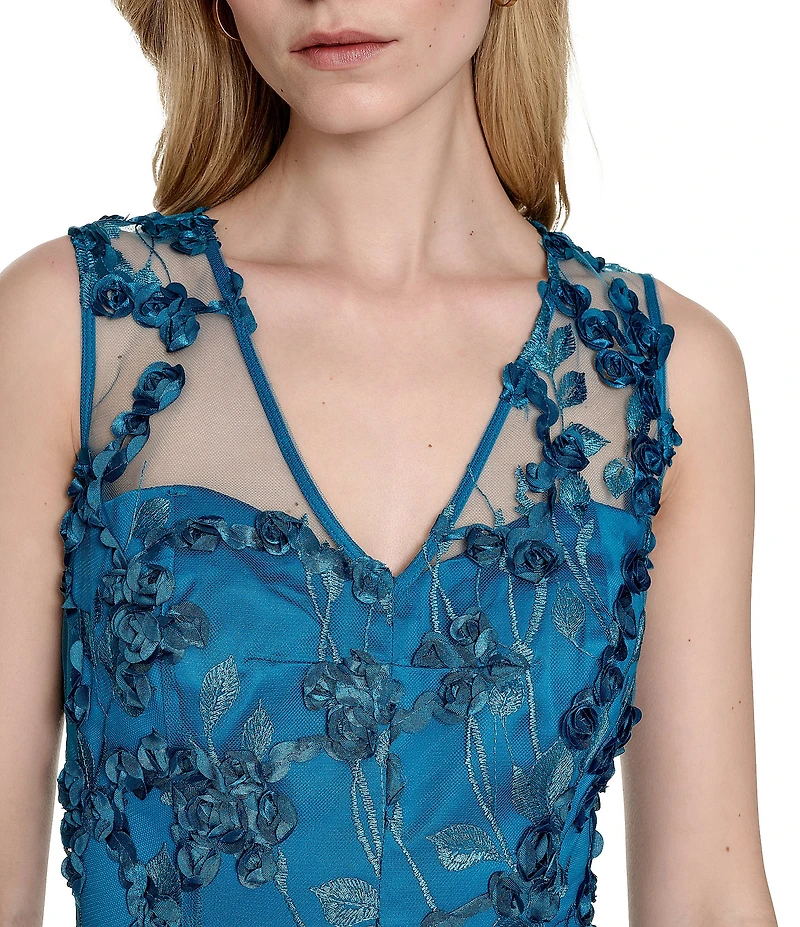 Eliza J Embroidered Mesh V-Neck 3D Floral Fit and Flare A-Line Midi Dress