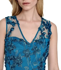 Eliza J Embroidered Mesh V-Neck 3D Floral Fit and Flare A-Line Midi Dress