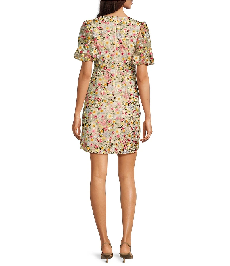 Eliza J Embroidered V-Neck Short Puff Sleeve Fit and Flare Dress