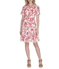 Eliza J Eyelet Floral Print Point Collar Neck Short Sleeve Button Front Shirt Dress