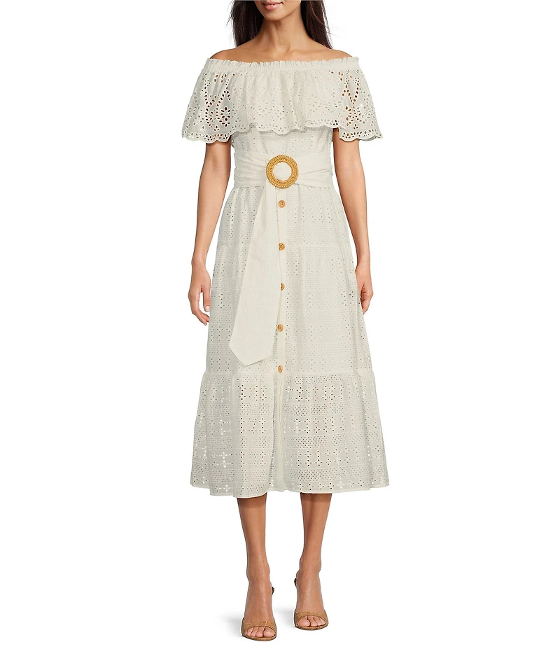 Eliza J Eyelet Strapless Neck Short Sleeve Belted A-Line Midi Dress