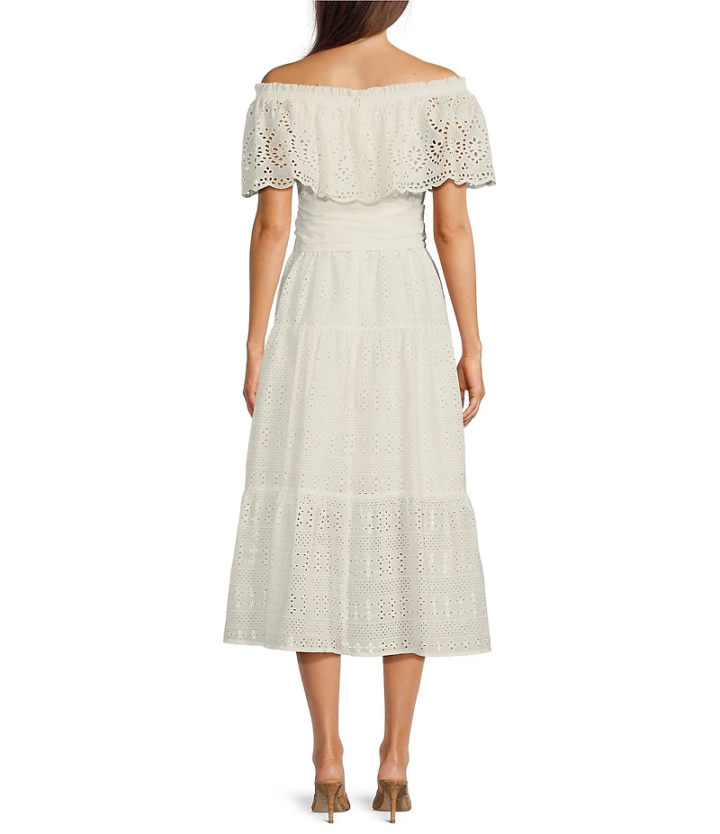 Eliza J Eyelet Strapless Neck Short Sleeve Belted A-Line Midi Dress