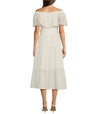 Eliza J Eyelet Strapless Neck Short Sleeve Belted A-Line Midi Dress