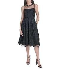 Eliza J Floral 3D Mesh Applique Illusion Beaded Neck A-Line Midi Dress
