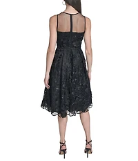 Eliza J Floral 3D Mesh Applique Illusion Beaded Neck A-Line Midi Dress