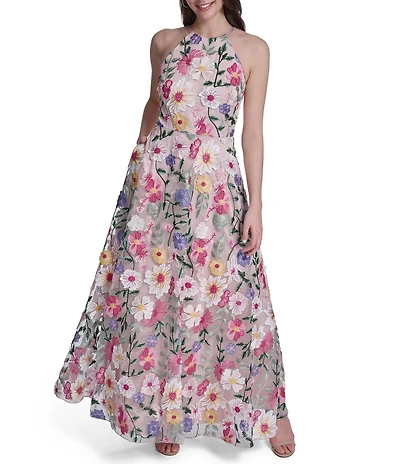 Eliza J Floral Embroidered Mesh Halter A-Line Gown
