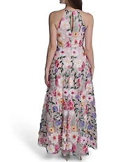 Eliza J Floral Embroidered Mesh Halter A-Line Gown
