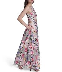 Eliza J Floral Embroidered Mesh Halter A-Line Gown