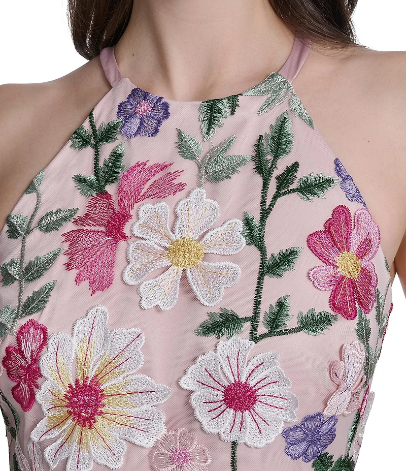 Eliza J Floral Embroidered Mesh Halter A-Line Gown