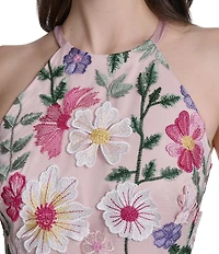 Eliza J Floral Embroidered Mesh Halter A-Line Gown