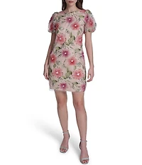 Eliza J Floral Embroidered Mesh Short Puff Sleeve Sheath Mini Dress