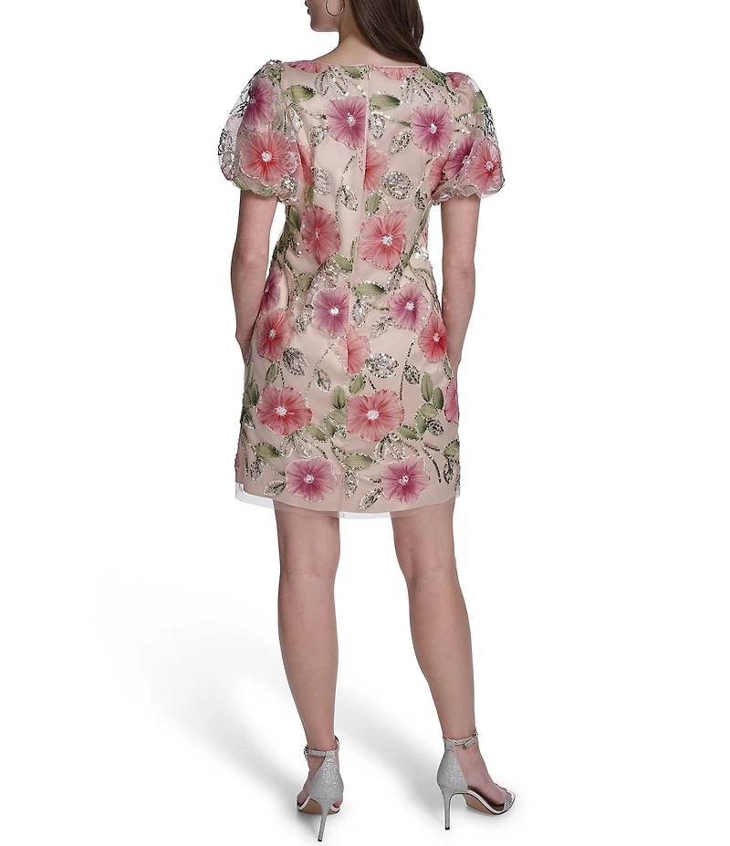 Eliza J Floral Embroidered Mesh Short Puff Sleeve Sheath Mini Dress