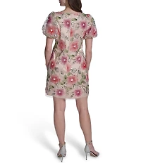 Eliza J Floral Embroidered Mesh Short Puff Sleeve Sheath Mini Dress