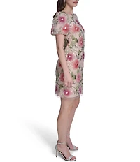 Eliza J Floral Embroidered Mesh Short Puff Sleeve Sheath Mini Dress