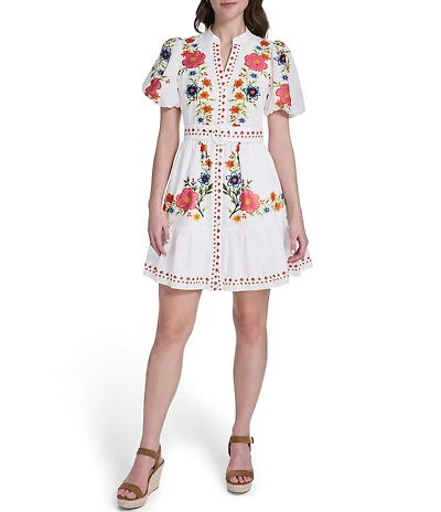 Eliza J Floral Embroidered Short Puff Sleeve Split V-Neck Belted Mini Dress