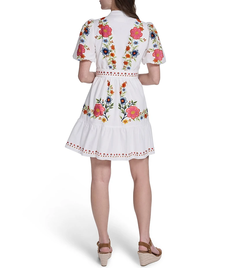 Eliza J Floral Embroidered Short Puff Sleeve Split V-Neck Belted Mini Dress